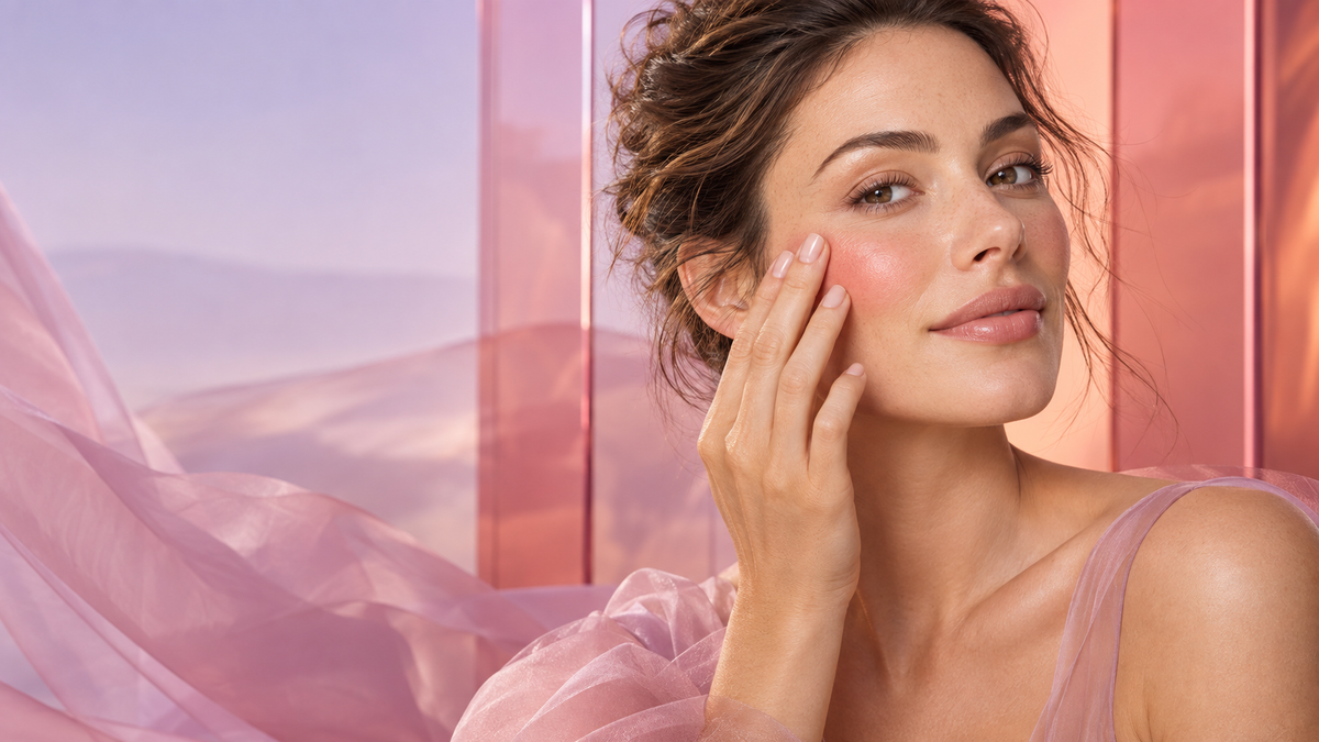 Femme appliquant un blush crème rose sur sa joue dans un studio lumineux