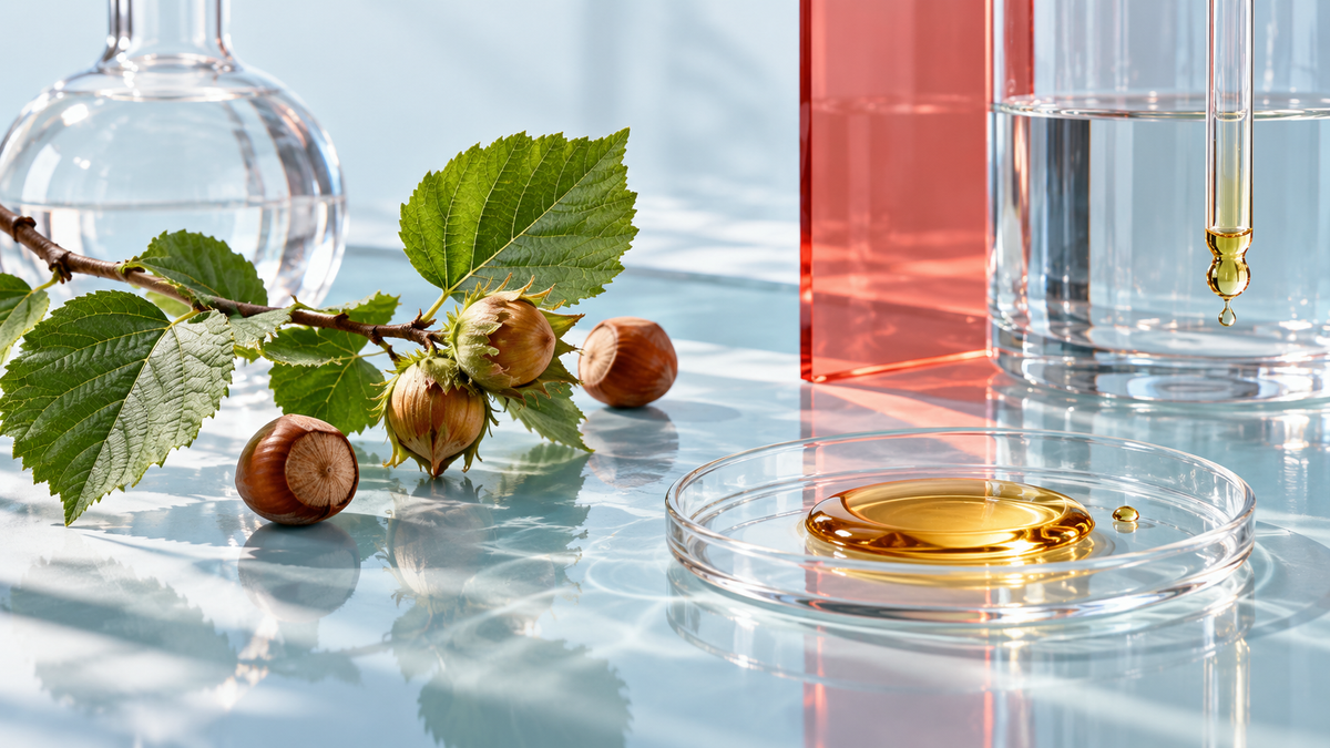 Noisettes, huile végétale et verrerie illustrant les différences entre cosmétique naturelle, bio et clean