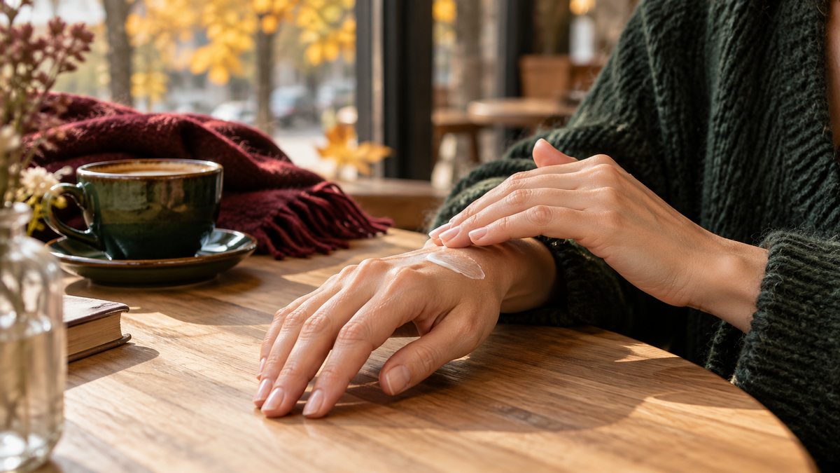 Application d’une crème pour les mains dans une ambiance de café automnale