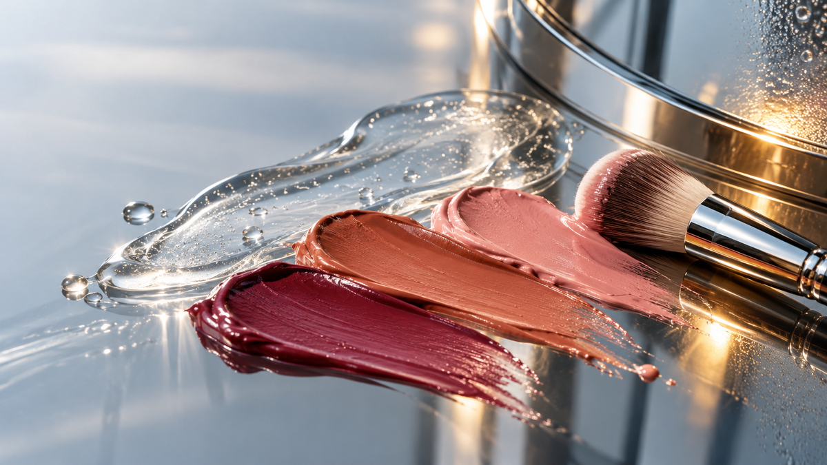 Textures de gel translucide et de maquillage crème sur verre et chrome