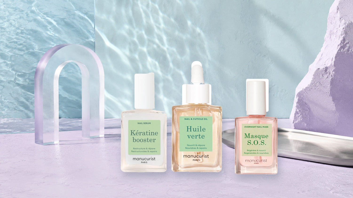 Kératine Booster, Huile Verte et Masque S.O.S Manucurist dans un décor minéral lilas et vert d’eau
