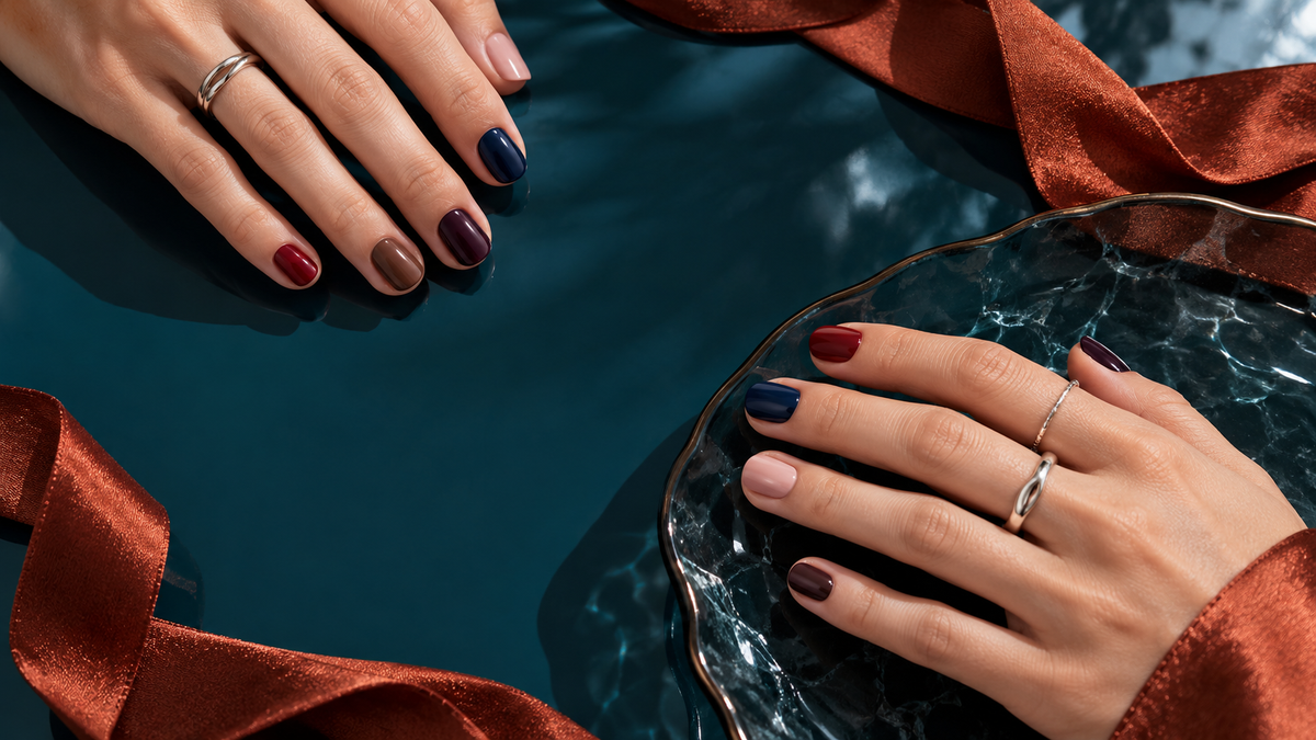 Deux mains aux ongles courts portant cinq couleurs de vernis tendance de l’automne 2026