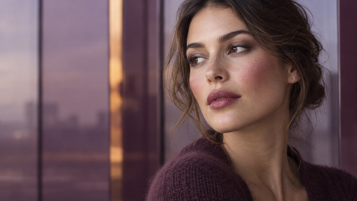 Portrait maquillage automne 2026 avec lèvres baie, blush diffus et regard taupe