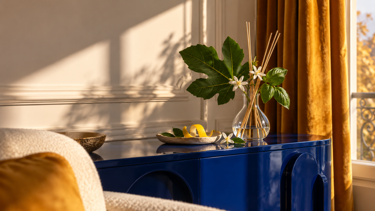 Parfum d’intérieur évoqué par des tiges de rotin, du figuier, du basilic et des fleurs d’oranger dans un salon automnal
