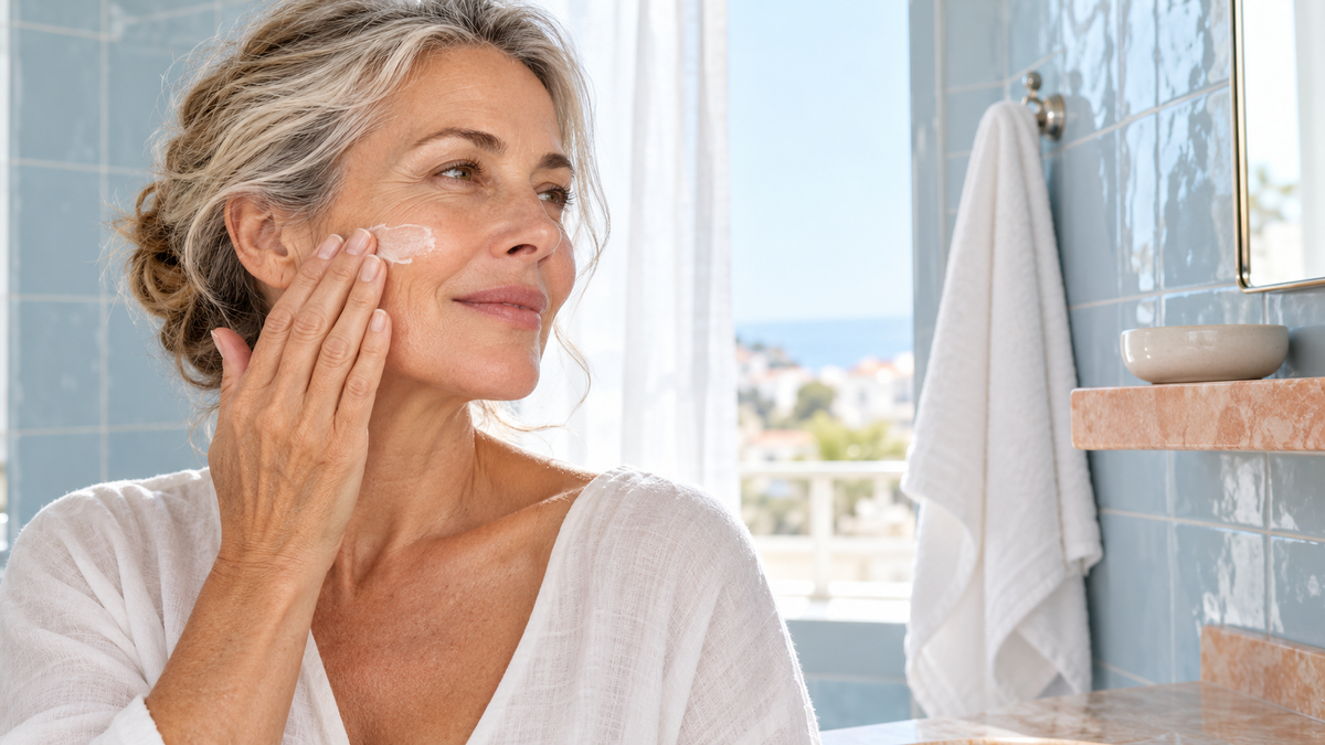 Femme à la peau mature appliquant une crème visage dans une salle de bain bleu clair baignée de lumière