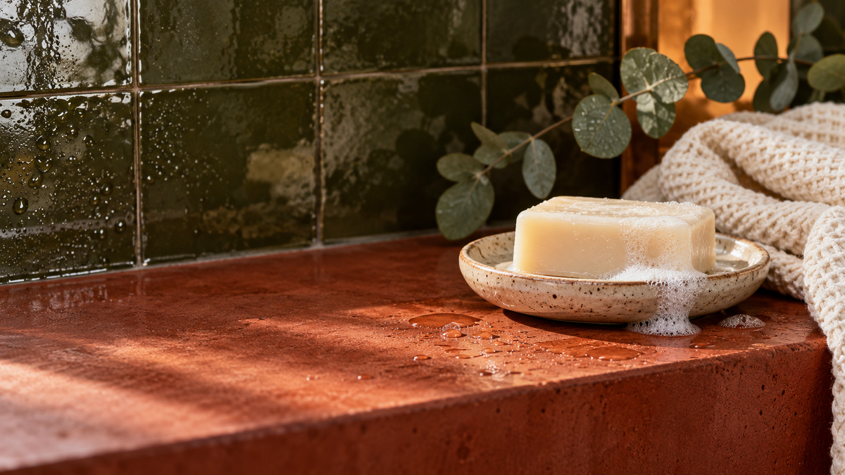 Savon surgras sur une coupelle dans une salle de bain aux tons terracotta et vert olive