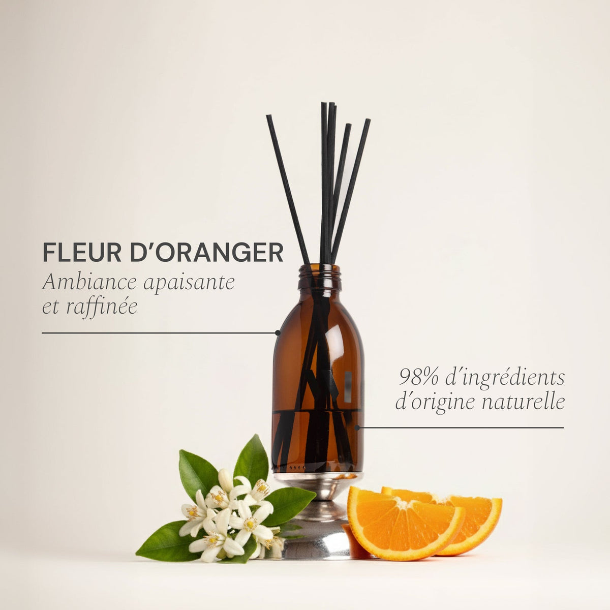 Flacon diffuseur Fleur d’Oranger What Matters et tiges de rotin