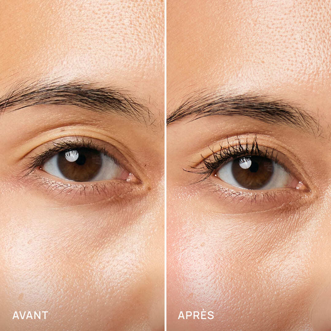 Résultat avant après du Mascara Volume AIME Brun naturel