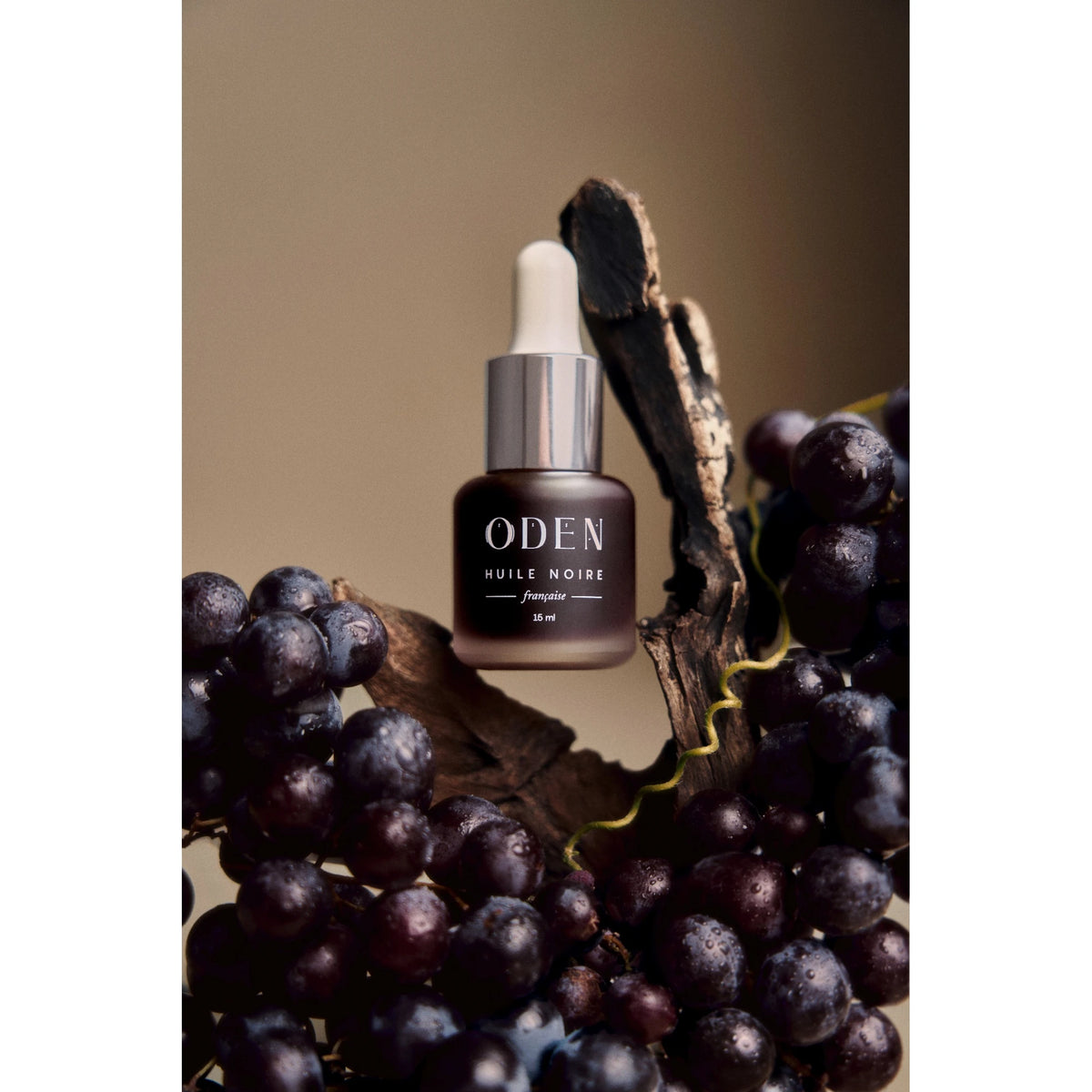 Huile Noire ODEN parmi des grappes de raisins noirs