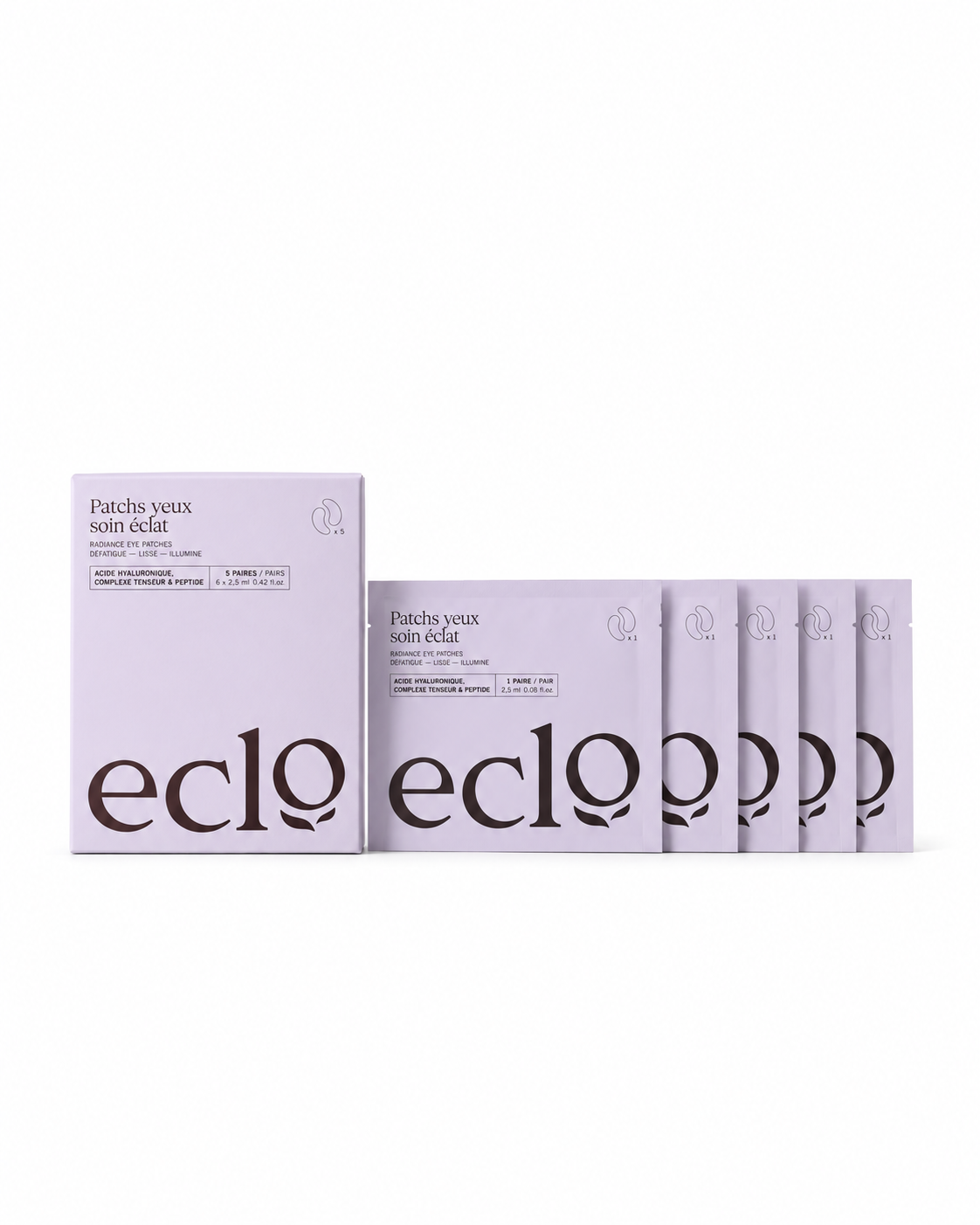 Boîte et cinq sachets de patchs yeux Eclo sur fond blanc