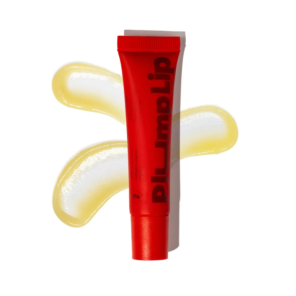 PlumpLip TREW, baume à lèvres repulpant en tube rouge avec texture du soin sur fond blanc